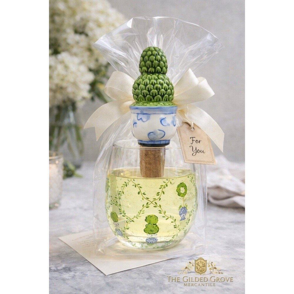 Mud Pie Stemless Wine Glass w/ Topiary Bottle Stopper Green Blue Gift Set 16 Oz
